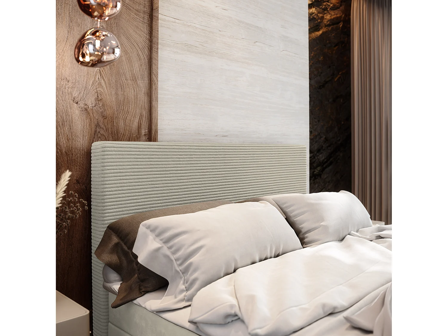 Lit continental ALORIA, 180x200 cm, Tissu pelucheux, Couleur crème