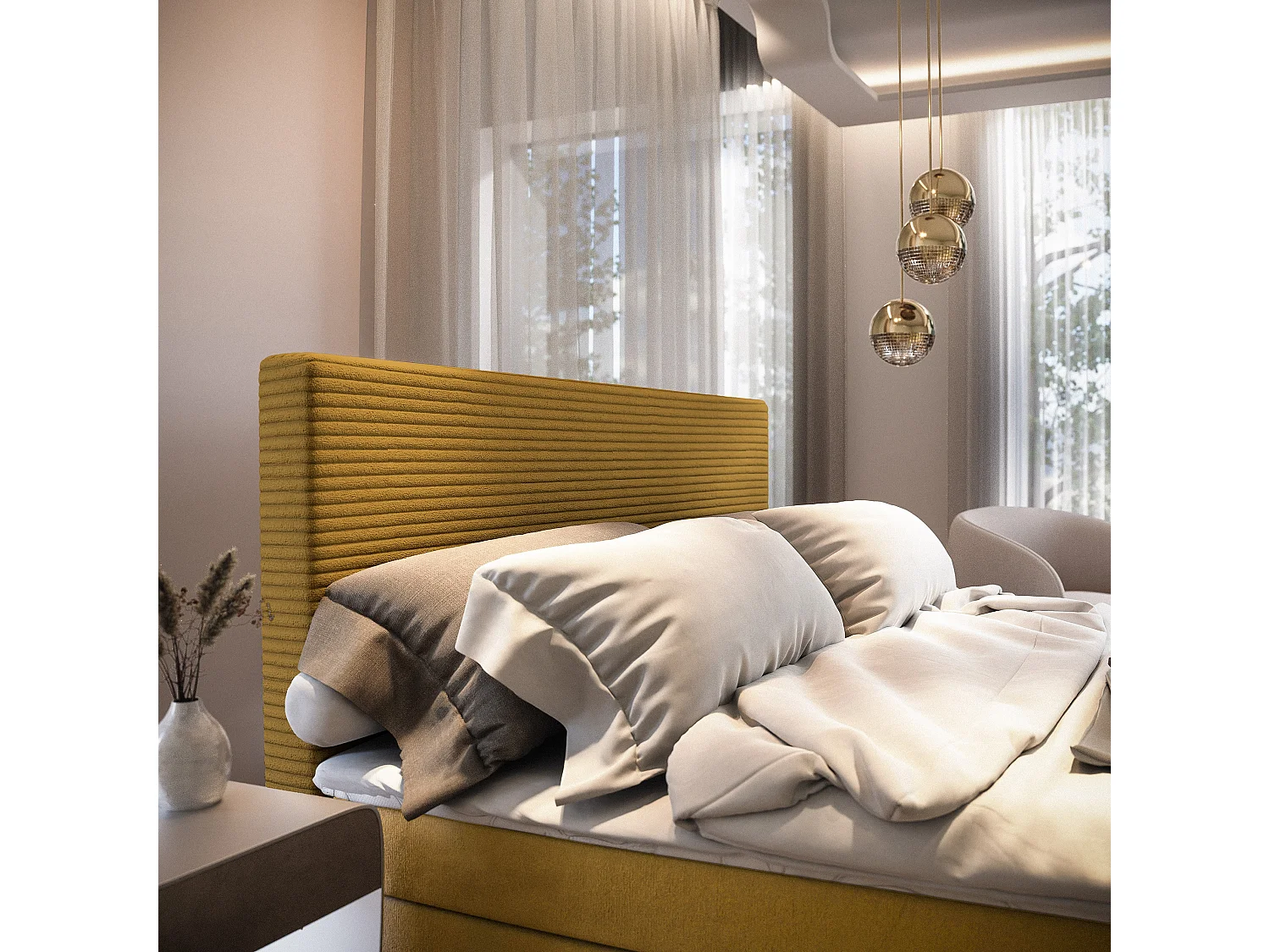 Lit continental GIARRO, 180x200 cm, Tissu pelucheux, Jaune