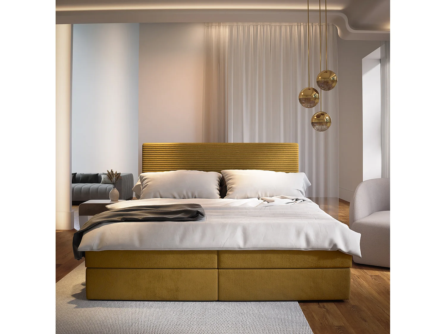 Lit continental GIARRO, 180x200 cm, Tissu pelucheux, Jaune