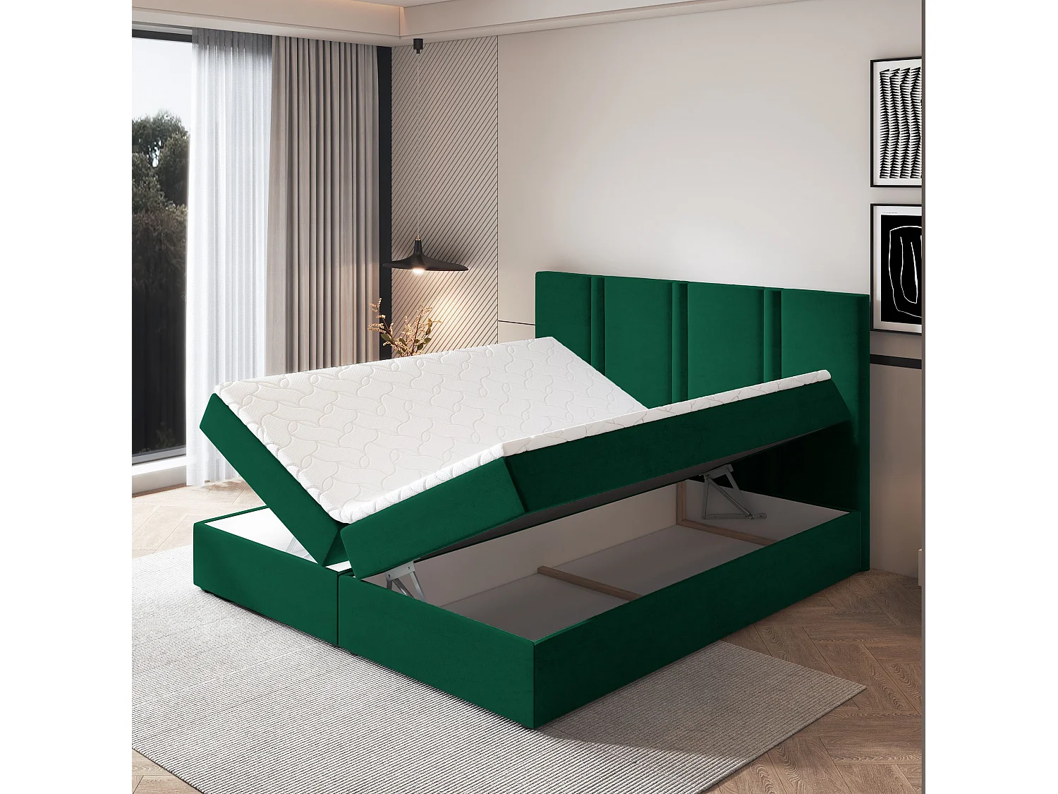 Lit continental LARIO, 160x200 cm, Tissu pelucheux, Vert
