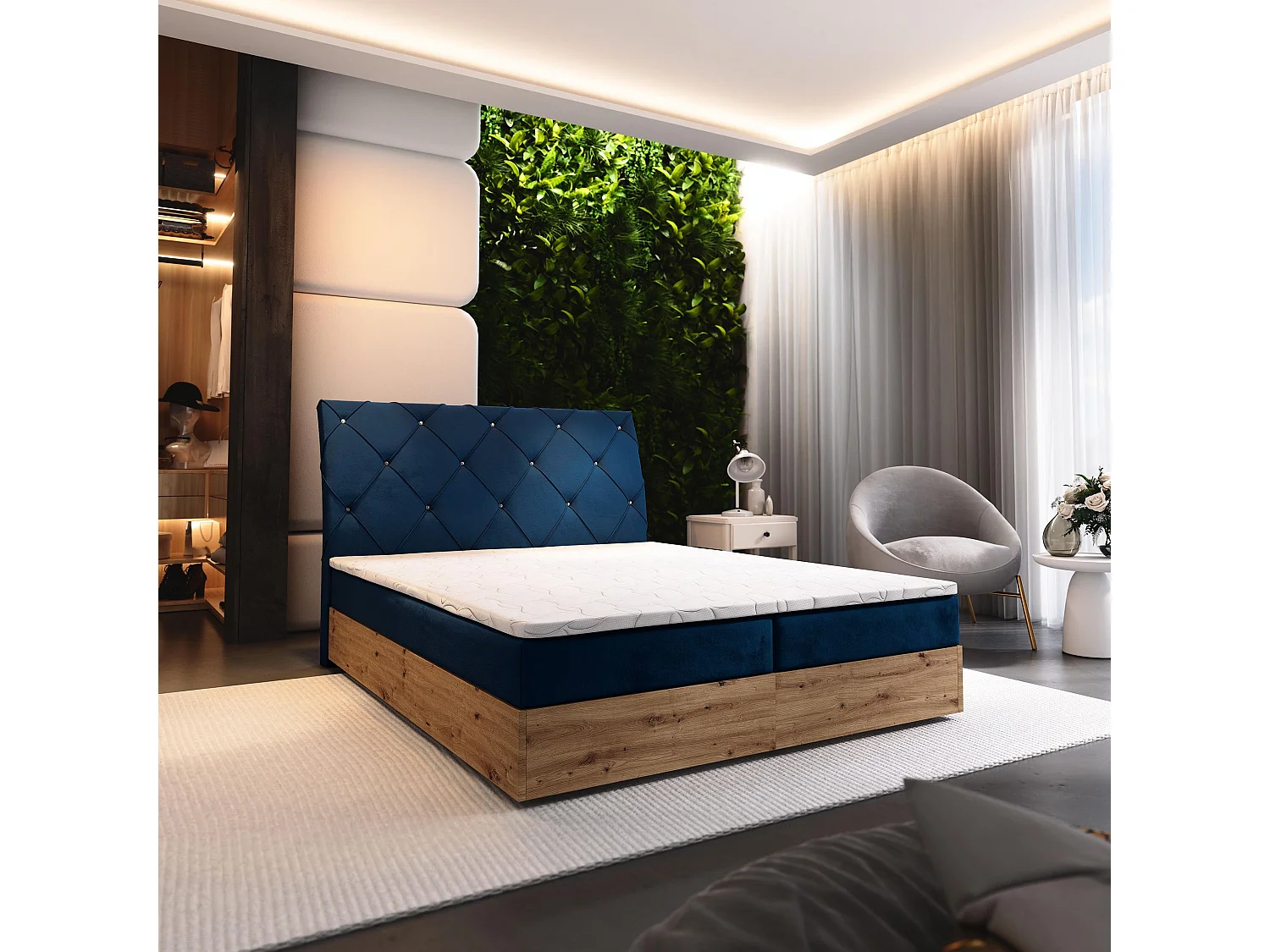 Boxspringbed VELLANO 140x200 cm Set met hoofdbord, bedbodem en matras, Blauw
