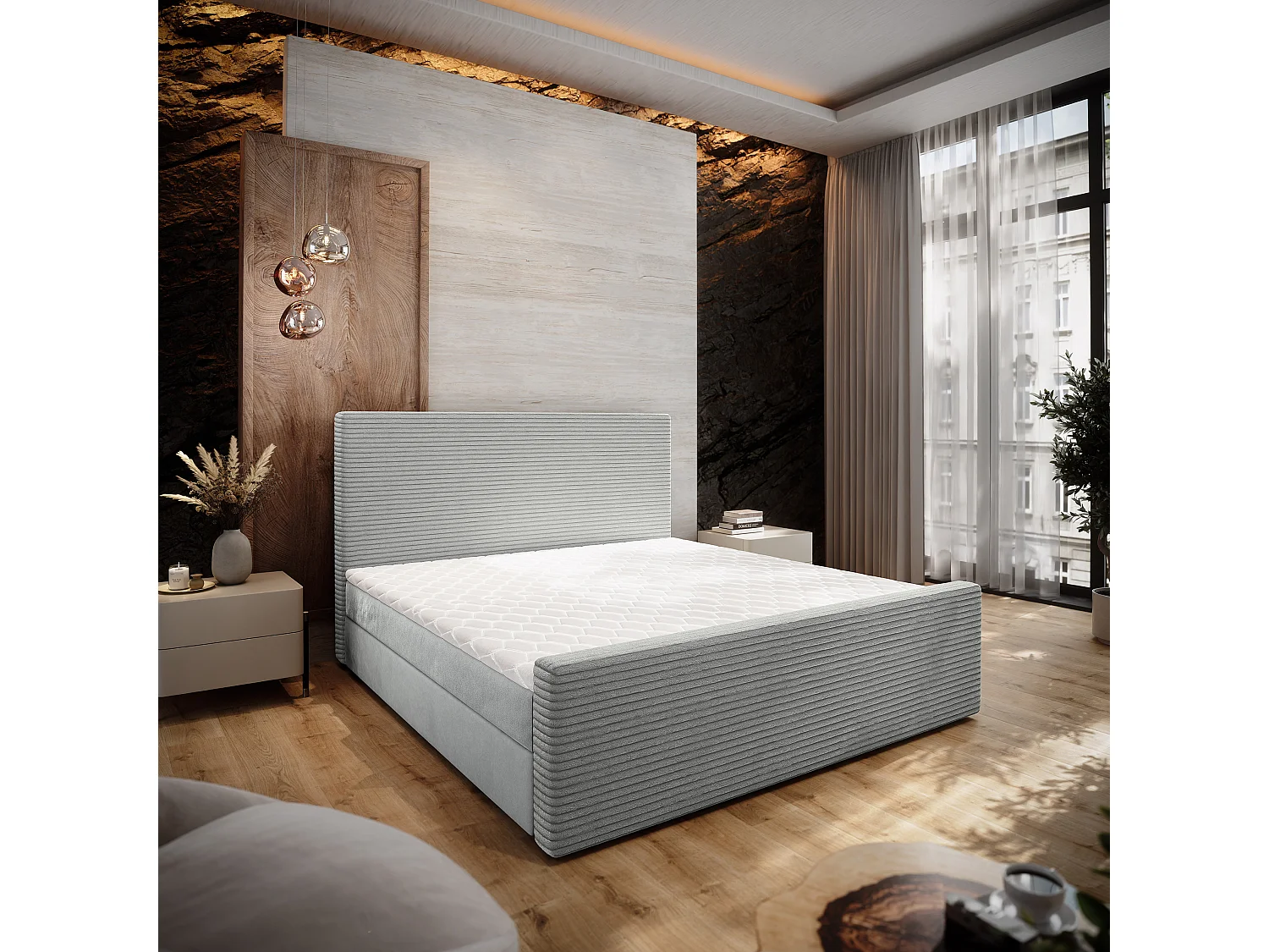 Lit continental ALORIA, 140x200 cm, Tissu pelucheux, Gris clair