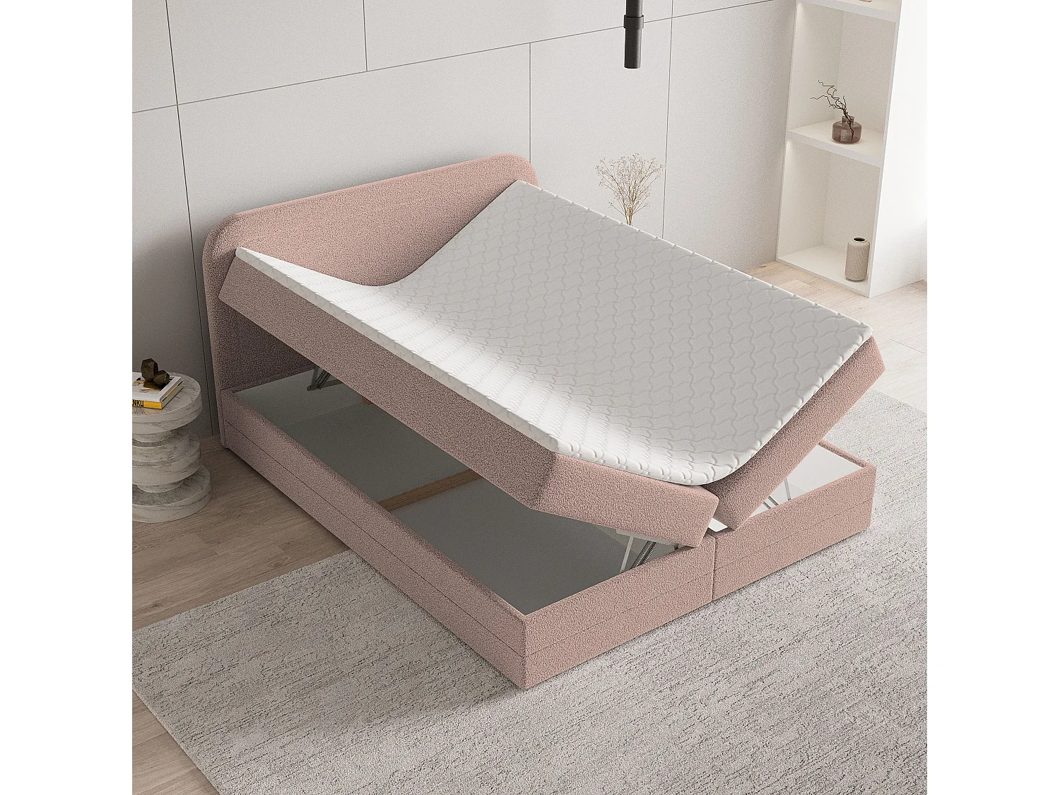 Lit continental ARMEL, 160x200 cm, Tissu bouclé, Rose