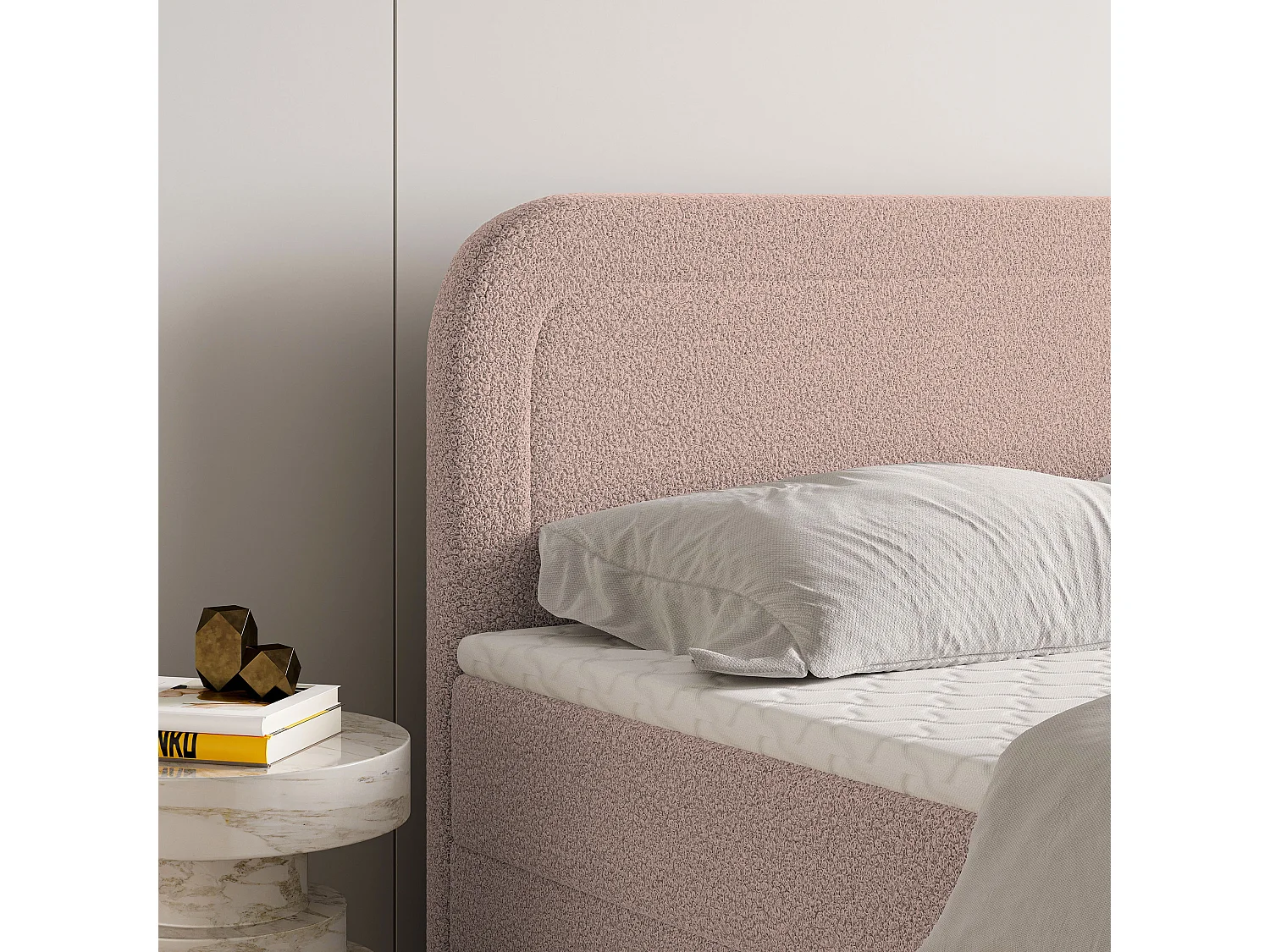 Lit continental ARMEL, 160x200 cm, Tissu bouclé, Rose