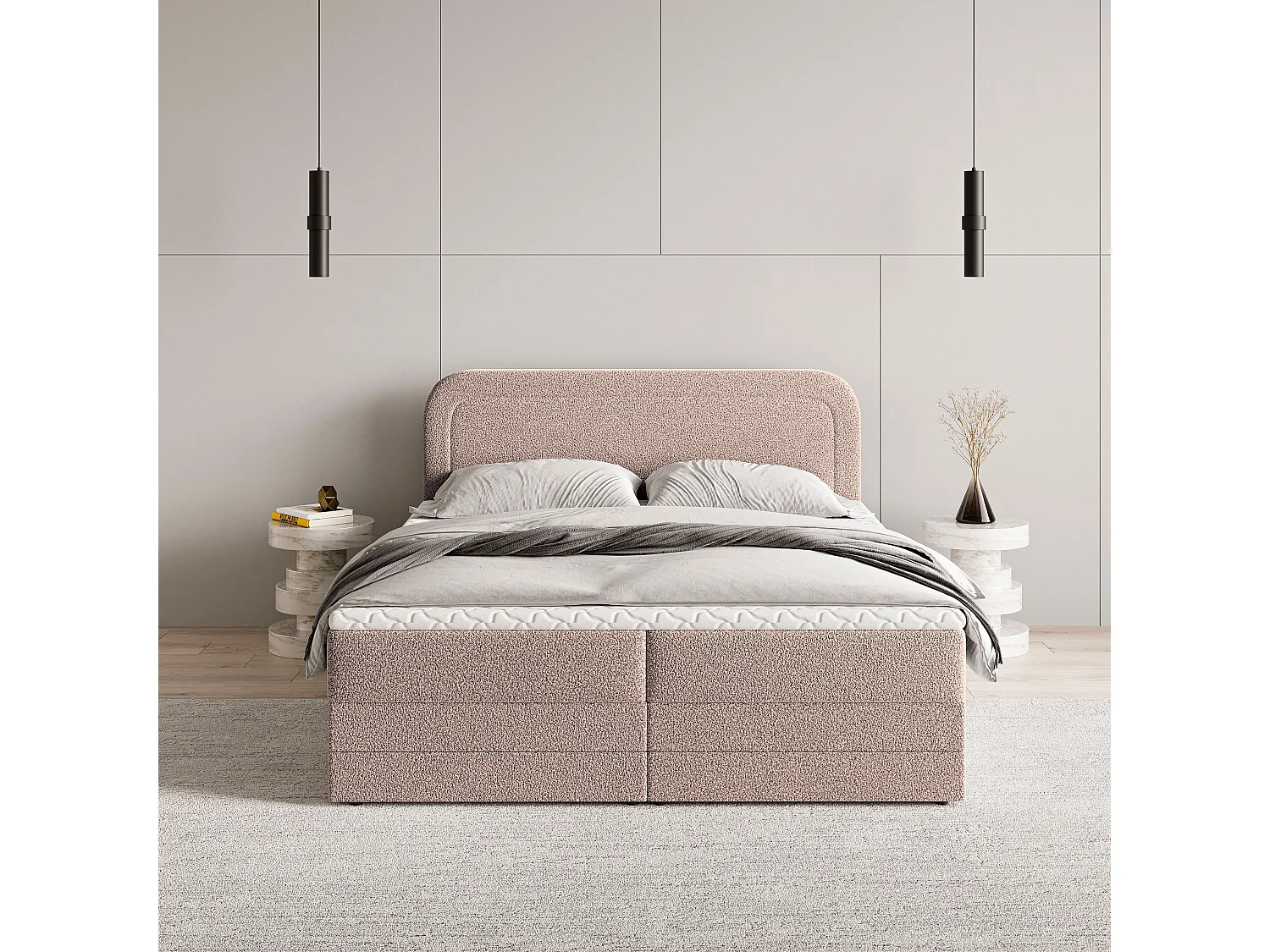 Lit continental ARMEL, 160x200 cm, Tissu bouclé, Rose