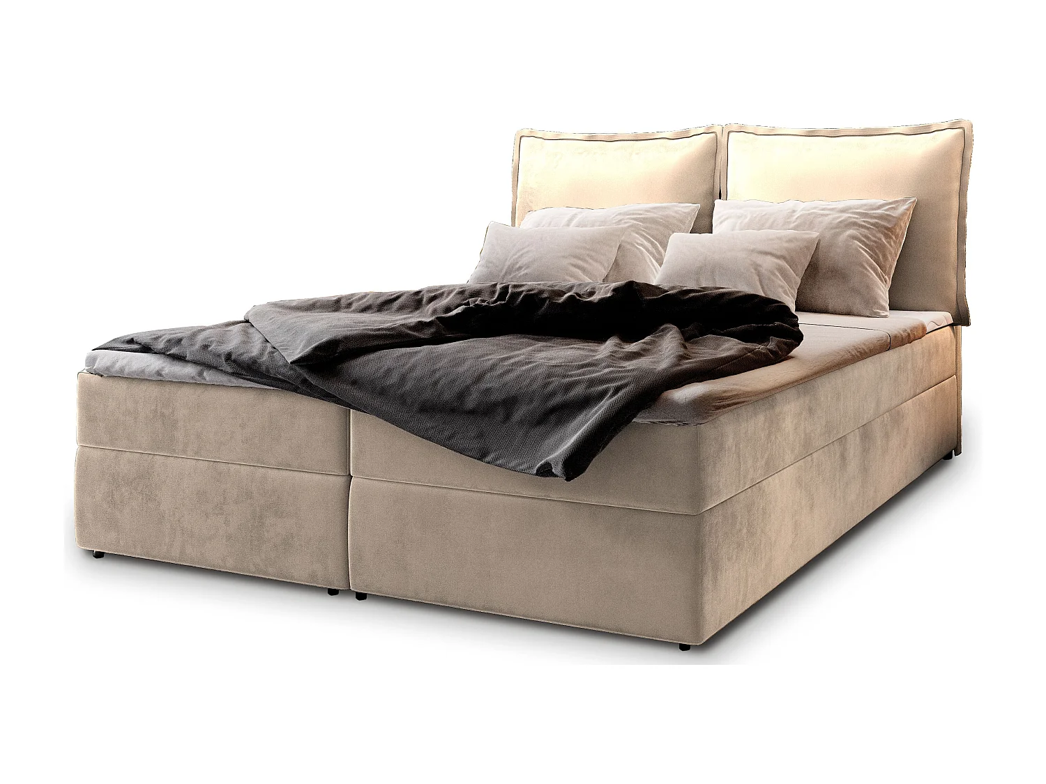 Lit continental LENTE, 160x200 cm, Tissu velours, Couleur crème