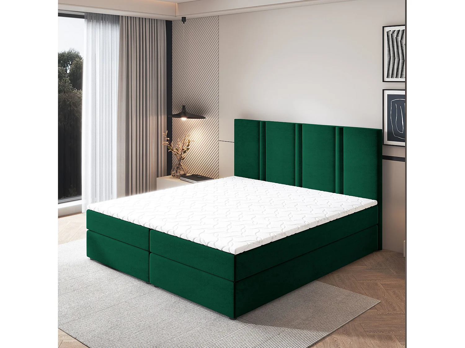 Lit continental LARIO, 180x200 cm, Tissu pelucheux, Vert