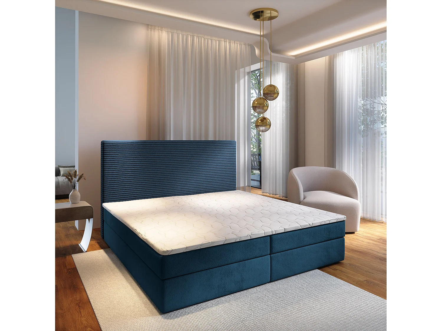Lit continental GIARRO, 160x200 cm, Tissu pelucheux, Bleu
