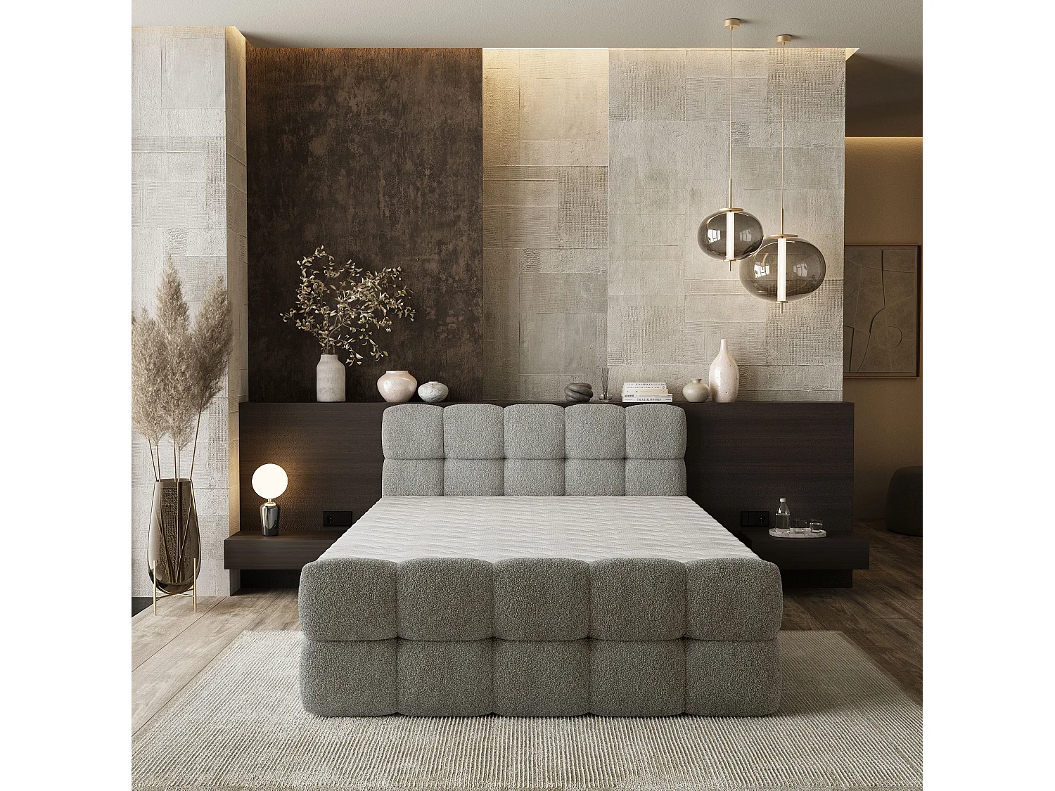Lit boxspring BRUME 160x200 cm avec tête de lit, sommier et matelas, Gris clair