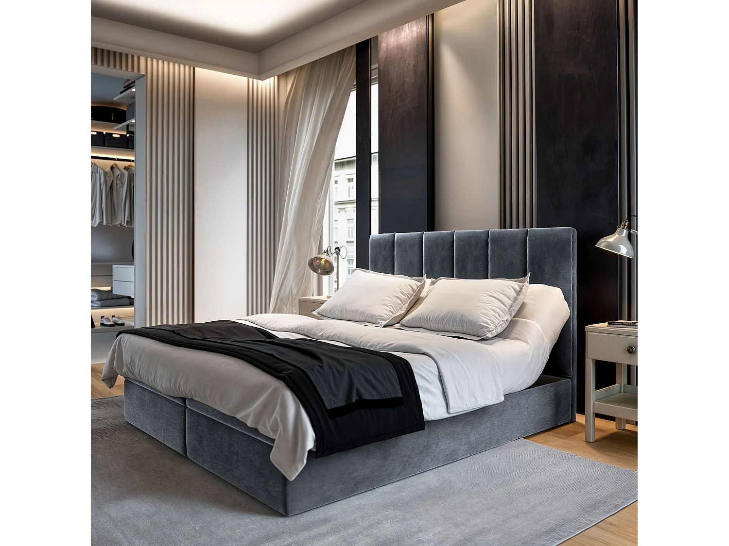 Lit continental BARINO, 160x200 cm, Tissu pelucheux, Gris