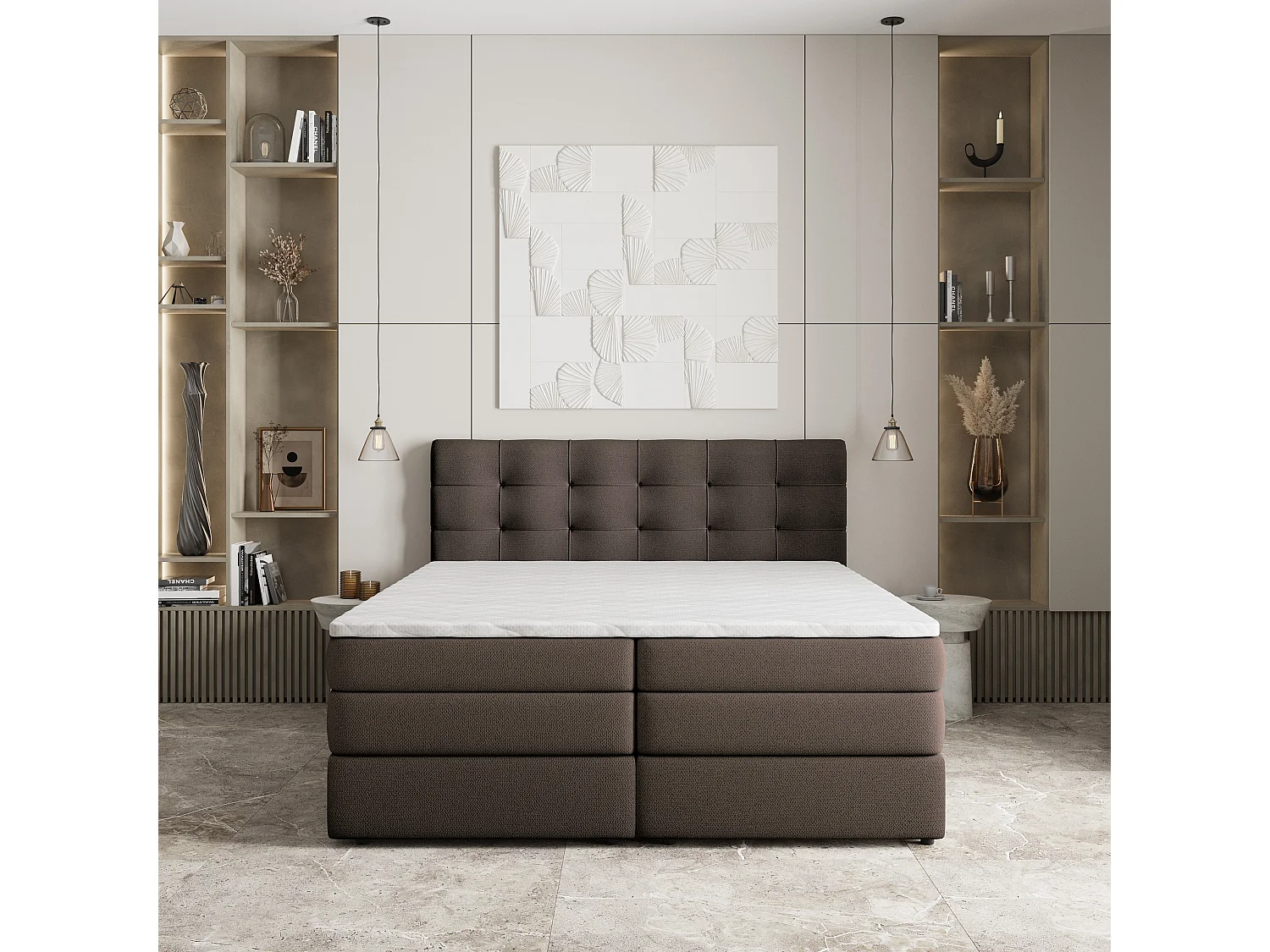 Lit continental AREZI, 180x200 cm, Tissu tressé, Marron