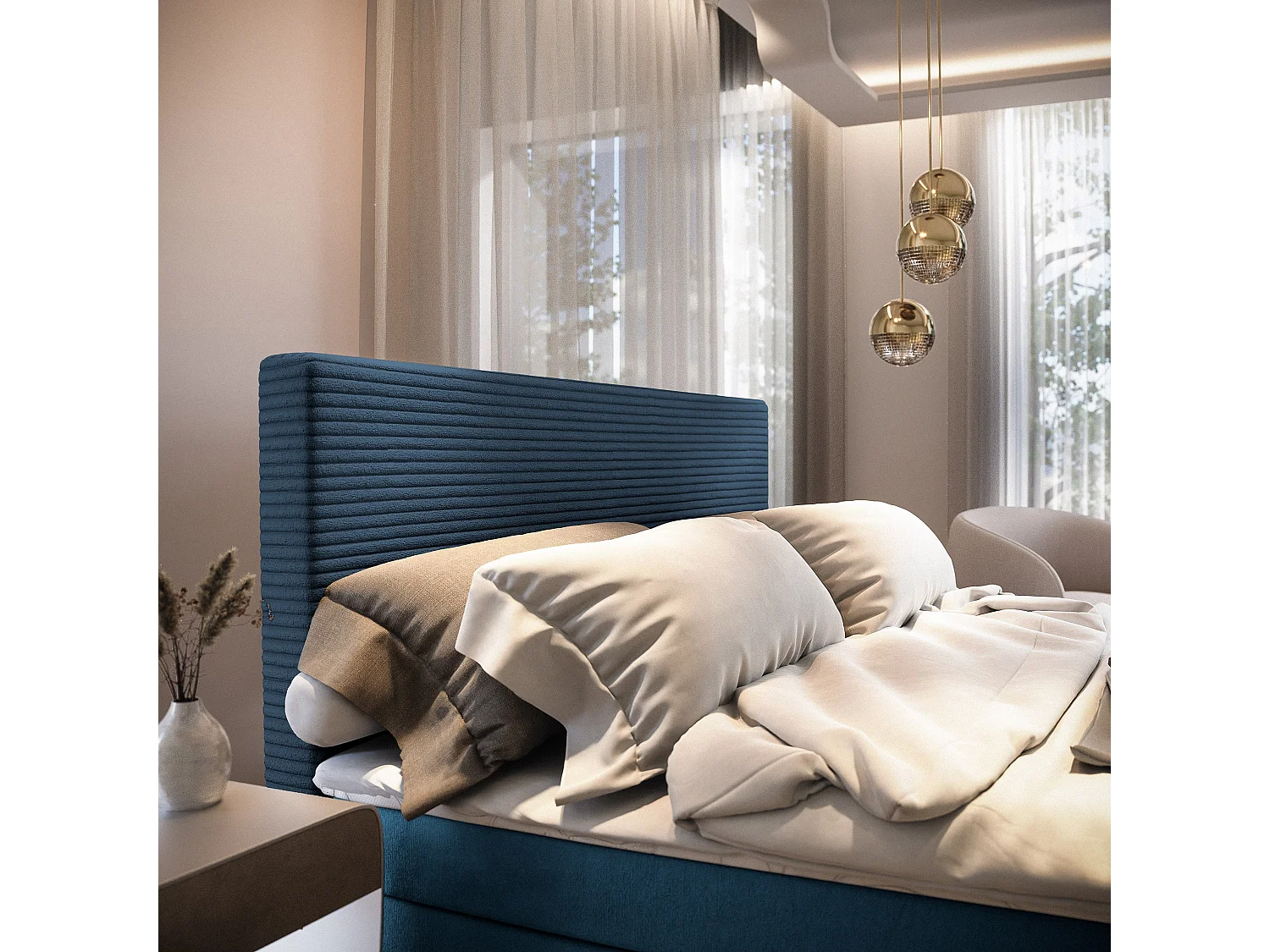 Boxspringbed GIARRO 140x200 cm Set met hoofdbord, bedbodem en matras, Blauw
