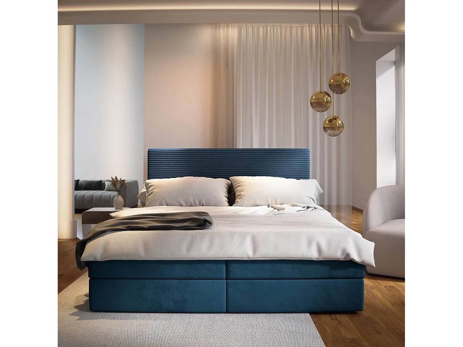 Boxspringbed GIARRO 140x200 cm Set met hoofdbord, bedbodem en matras, Blauw