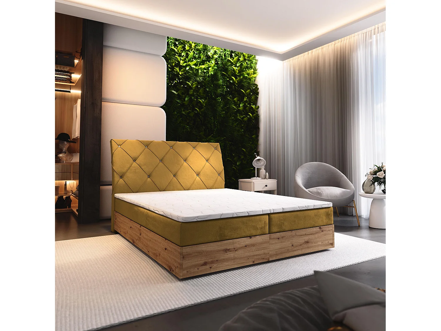 Boxspringbed VELLANO 140x200 cm Set met hoofdbord, bedbodem en matras, Geel