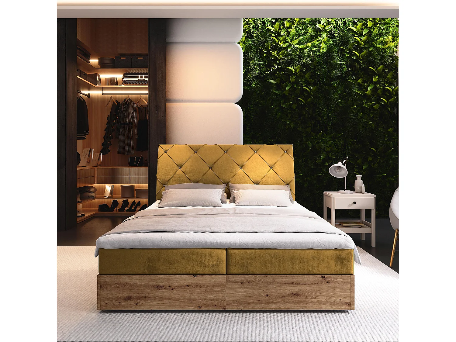 Boxspringbed VELLANO 140x200 cm Set met hoofdbord, bedbodem en matras, Geel