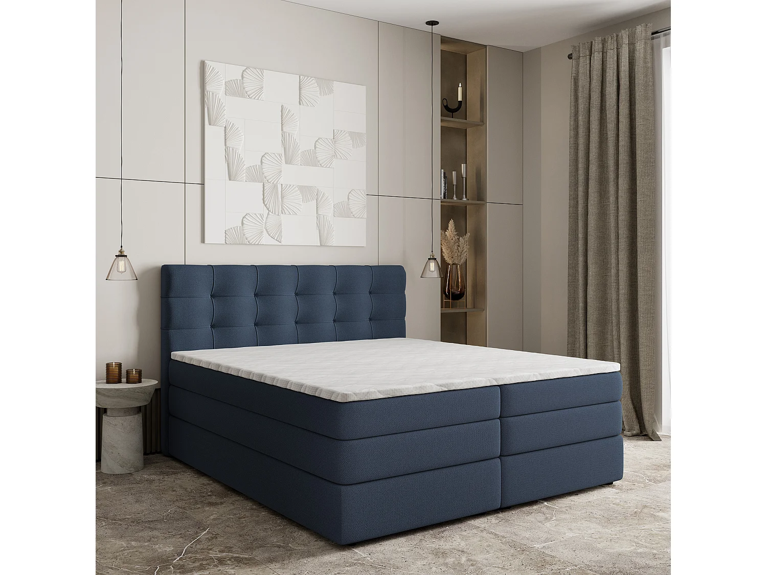 Lit continental AREZI, 140x200 cm, Tissu tressé, Bleu
