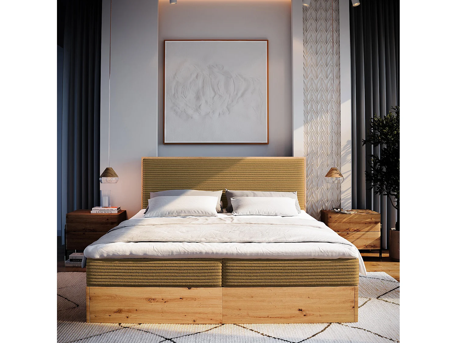 Lit continental VERDON, 160x200 cm, Tissu en velours côtelé, Jaune