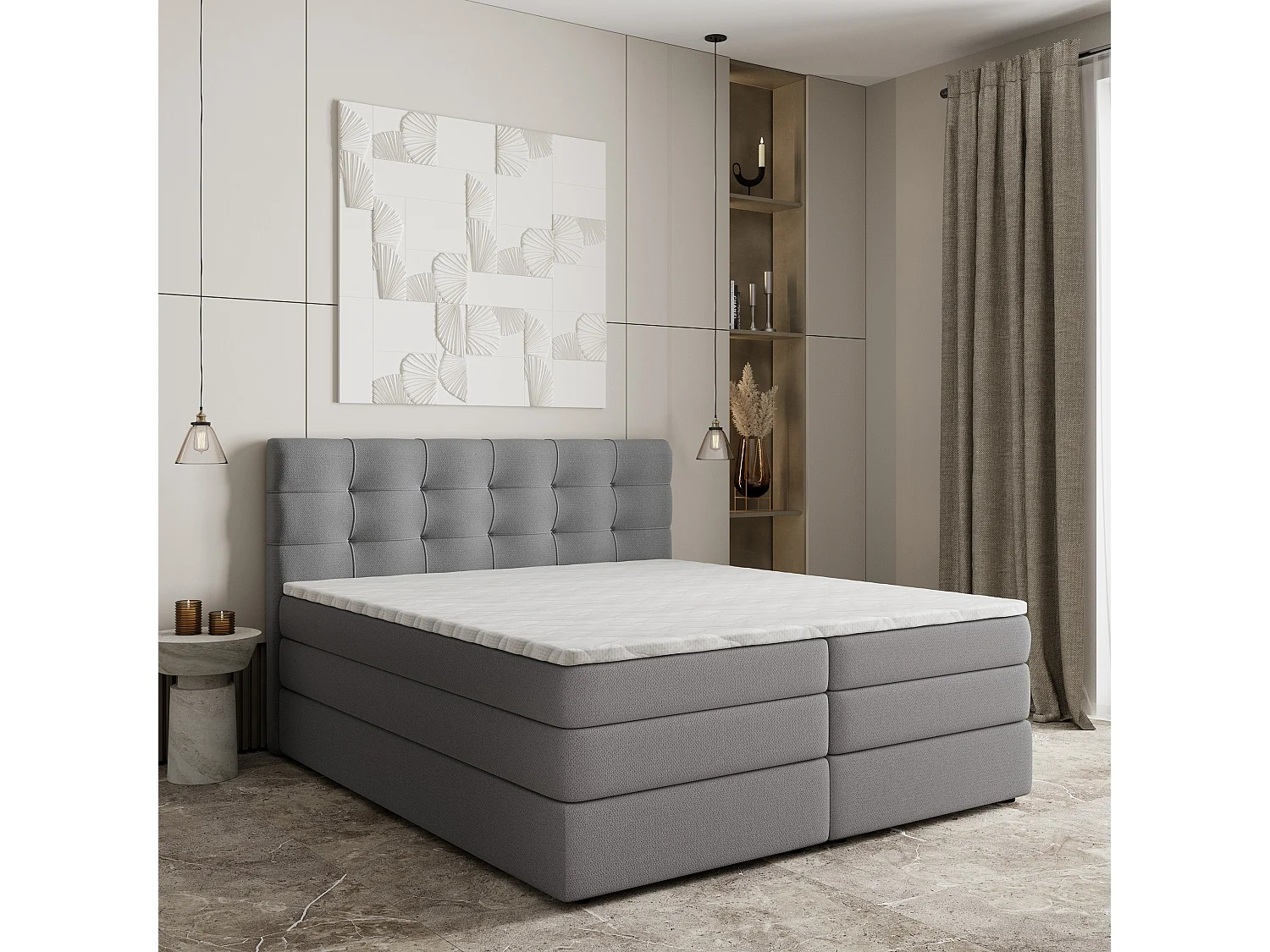 Lit continental AREZI, 140x200 cm, Tissu tressé, Gris