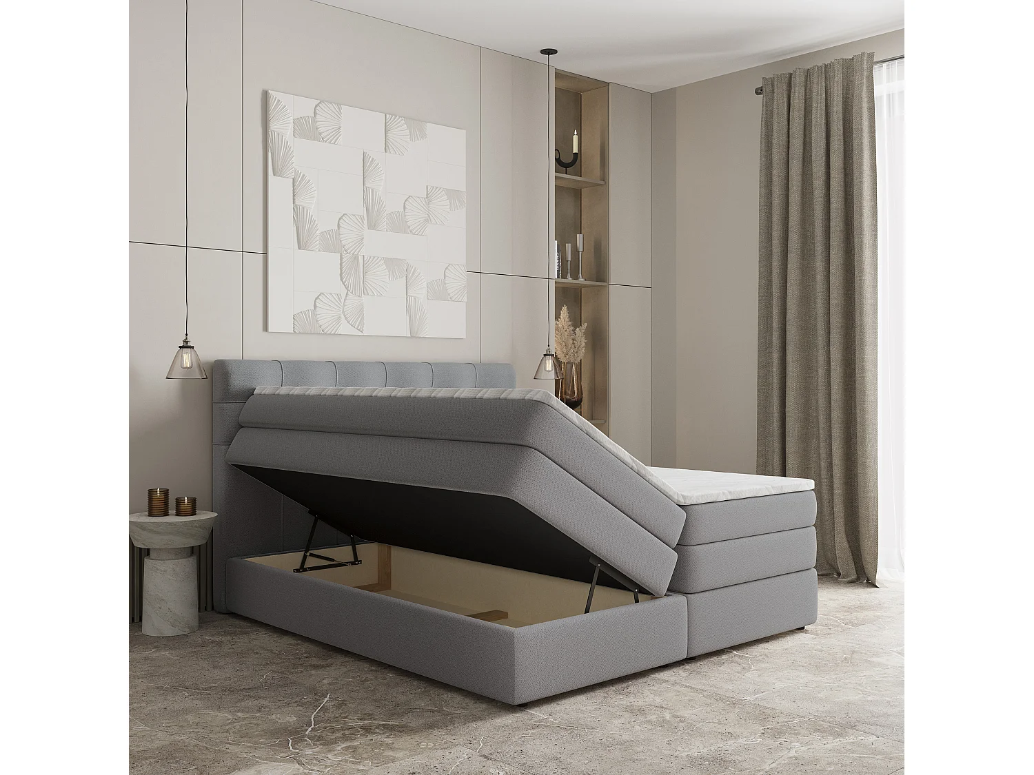Lit continental AREZI, 140x200 cm, Tissu tressé, Gris