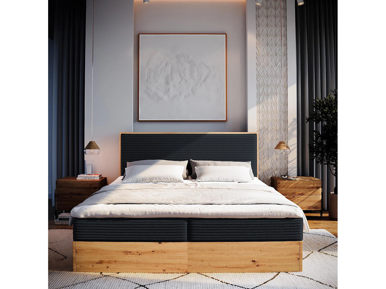 Lit continental VERDON, 180x200 cm, Tissu en velours côtelé, Noir