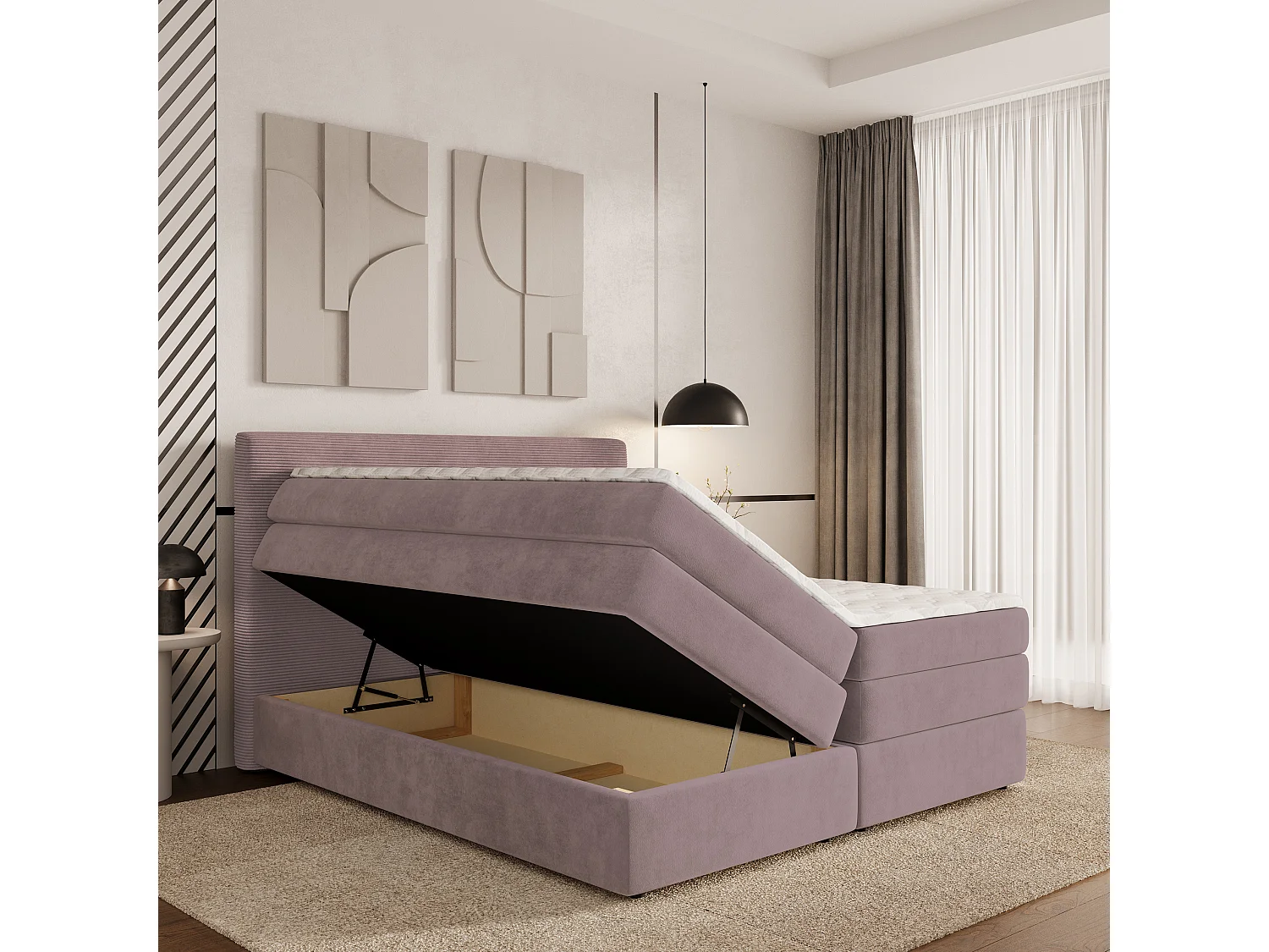Lit continental MATERN, 140x200 cm, Tissu pelucheux, Rose