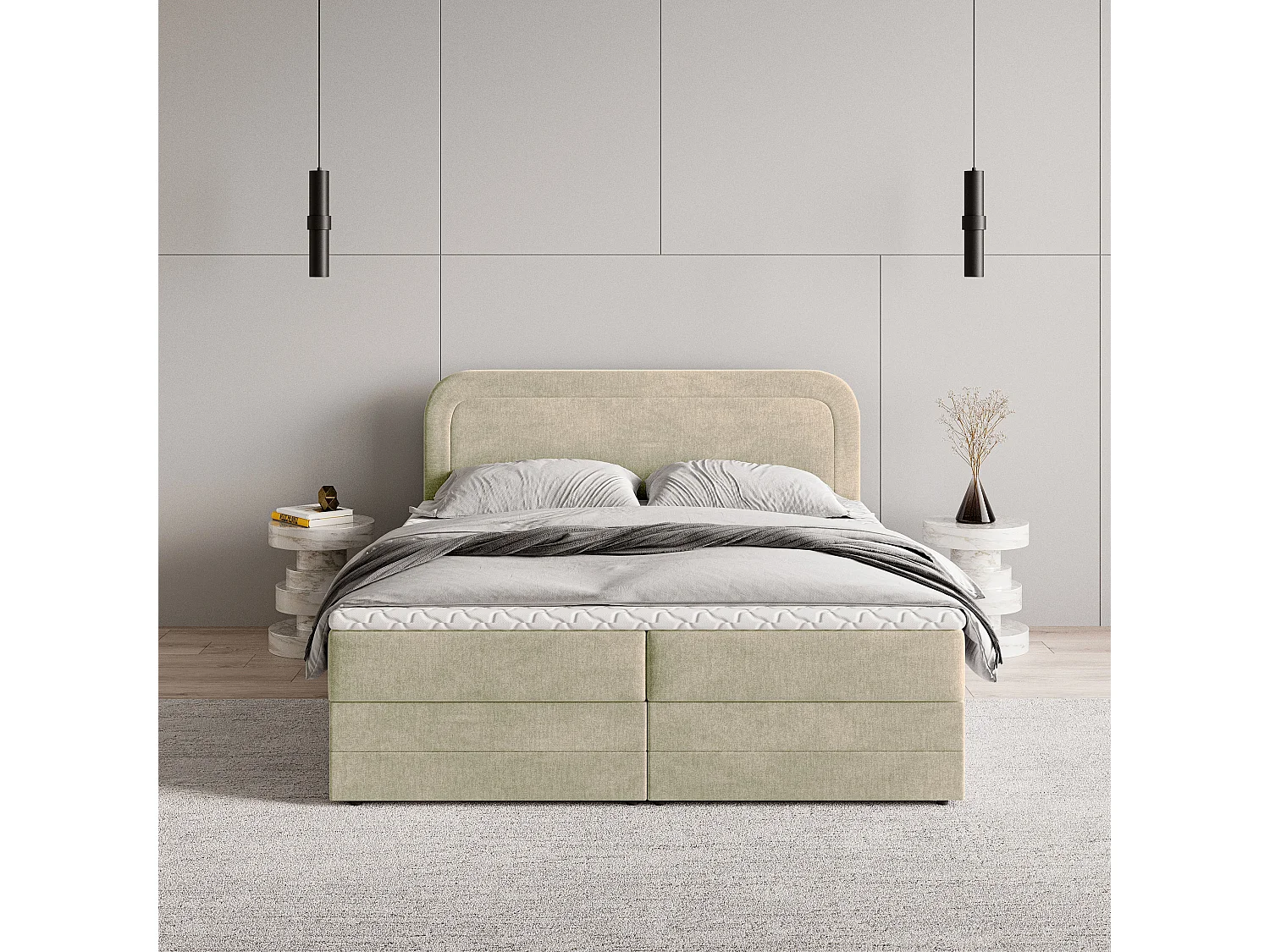 Lit continental ARMEL, 160x200 cm, Tissu velours, Couleur crème