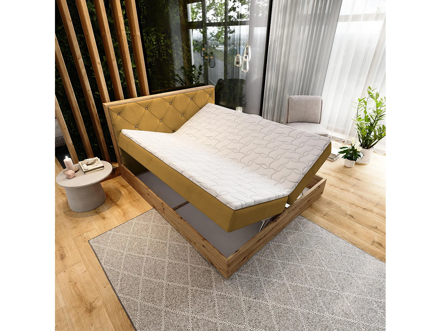 Boxspringbed FOSCO 140x200 cm Set met hoofdbord, bedbodem en matras, Geel