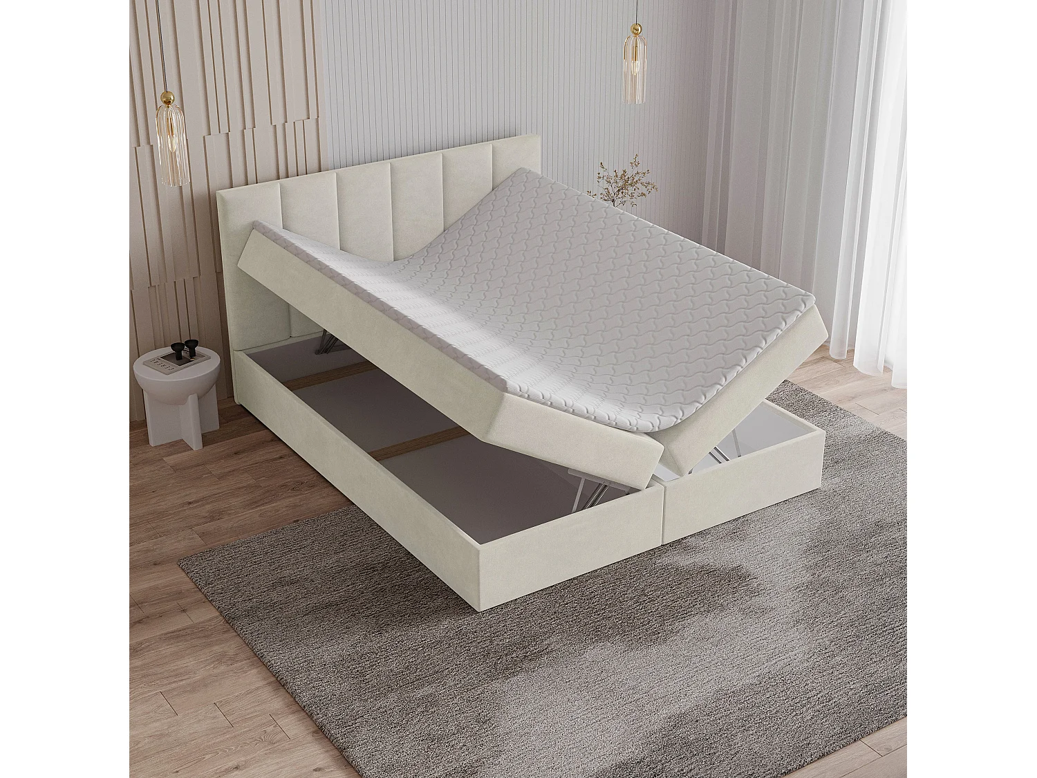 Lit continental MERIL, 160x200 cm, Tissu tressé, Couleur crème