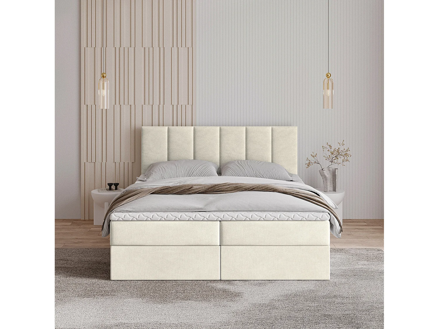 Lit continental MERIL, 160x200 cm, Tissu tressé, Couleur crème