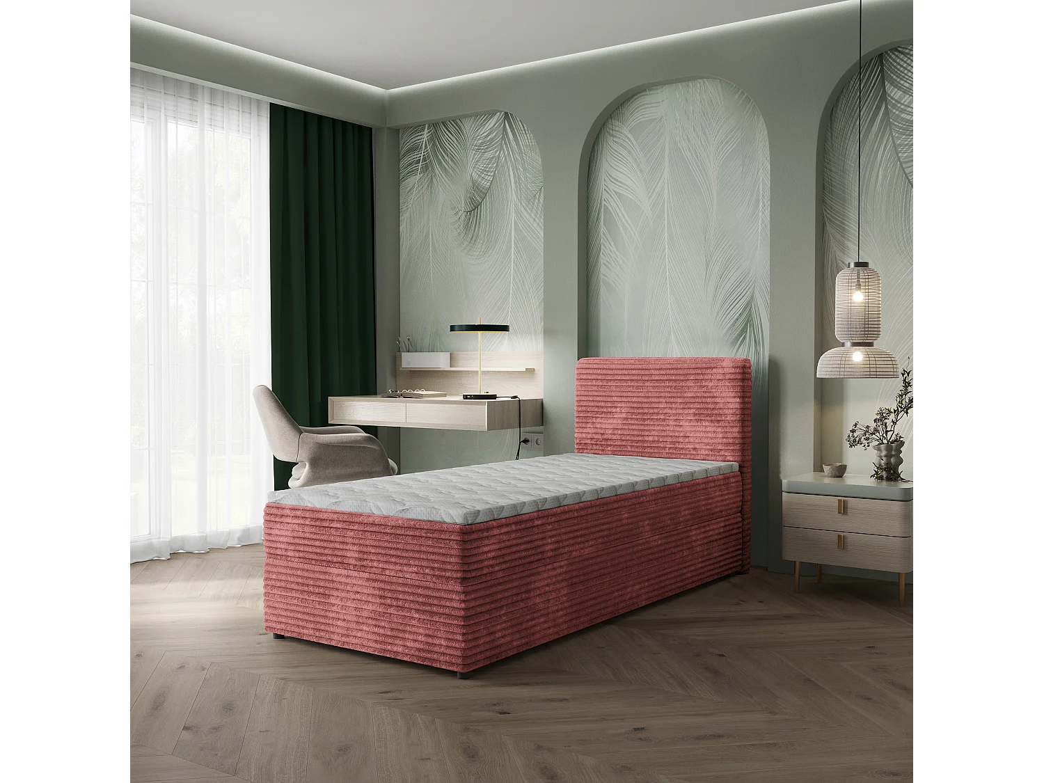 Boxspringbed PISA 90x200 cm Set met hoofdbord, bedbodem en matras, Poederroze