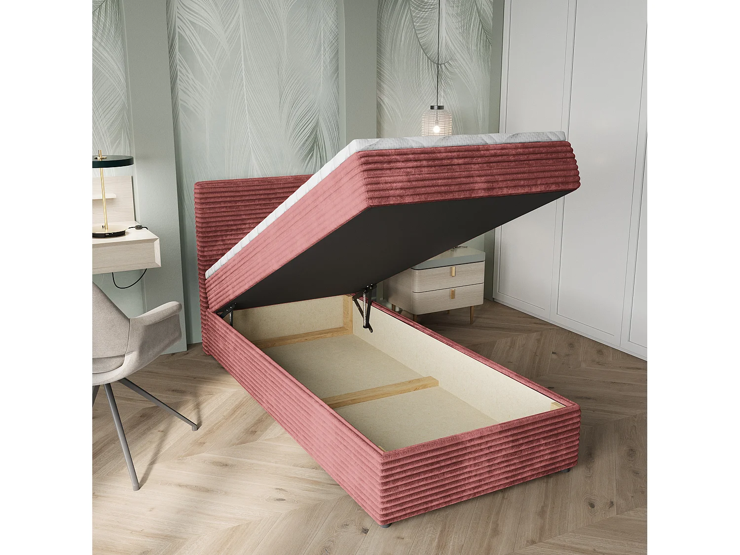 Boxspringbed PISA 90x200 cm Set met hoofdbord, bedbodem en matras, Poederroze