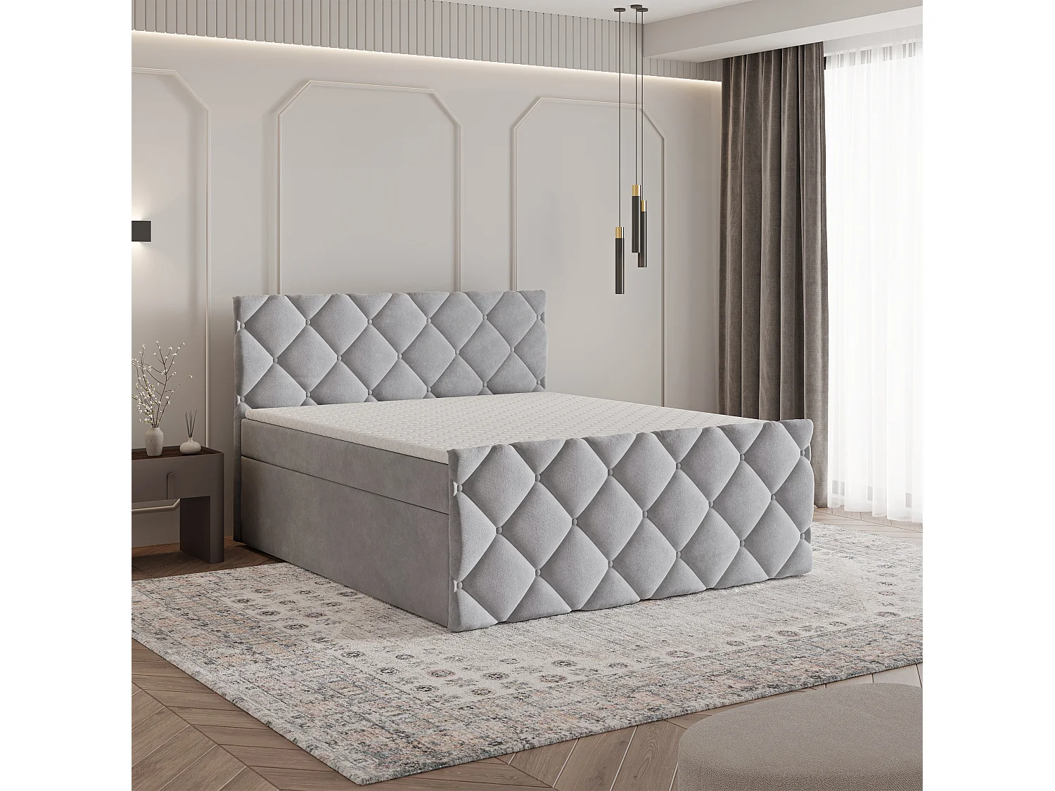 Lit continental ROVARI, 160x200 cm, Tissu pelucheux, Gris clair