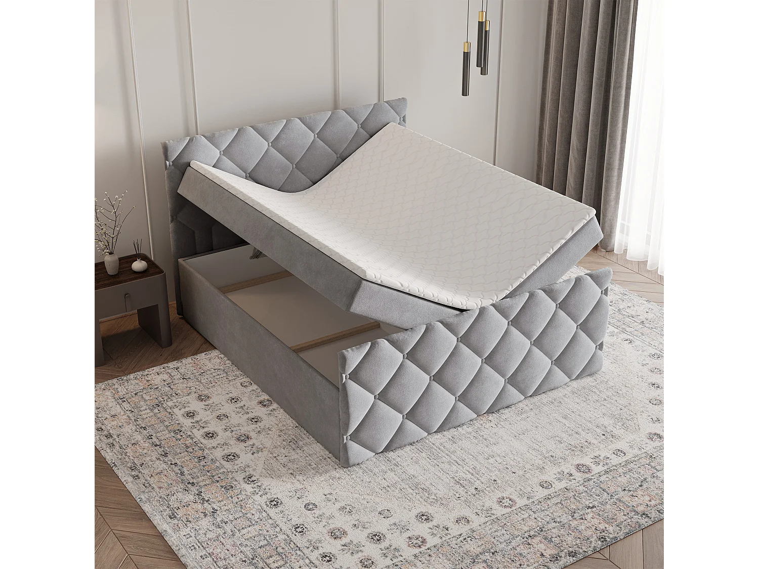 Lit continental ROVARI, 160x200 cm, Tissu pelucheux, Gris clair