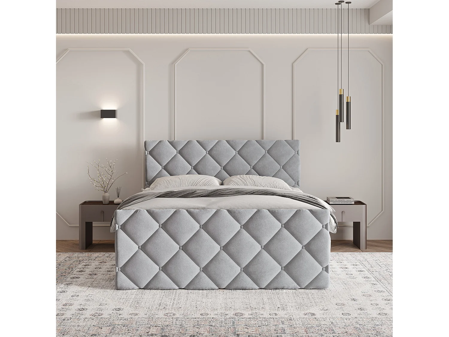 Lit continental ROVARI, 160x200 cm, Tissu pelucheux, Gris clair