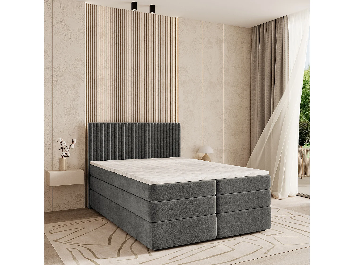 Boxspringbed FELBIO 140x200 cm Set met hoofdbord, bedbodem en matras, Grijs