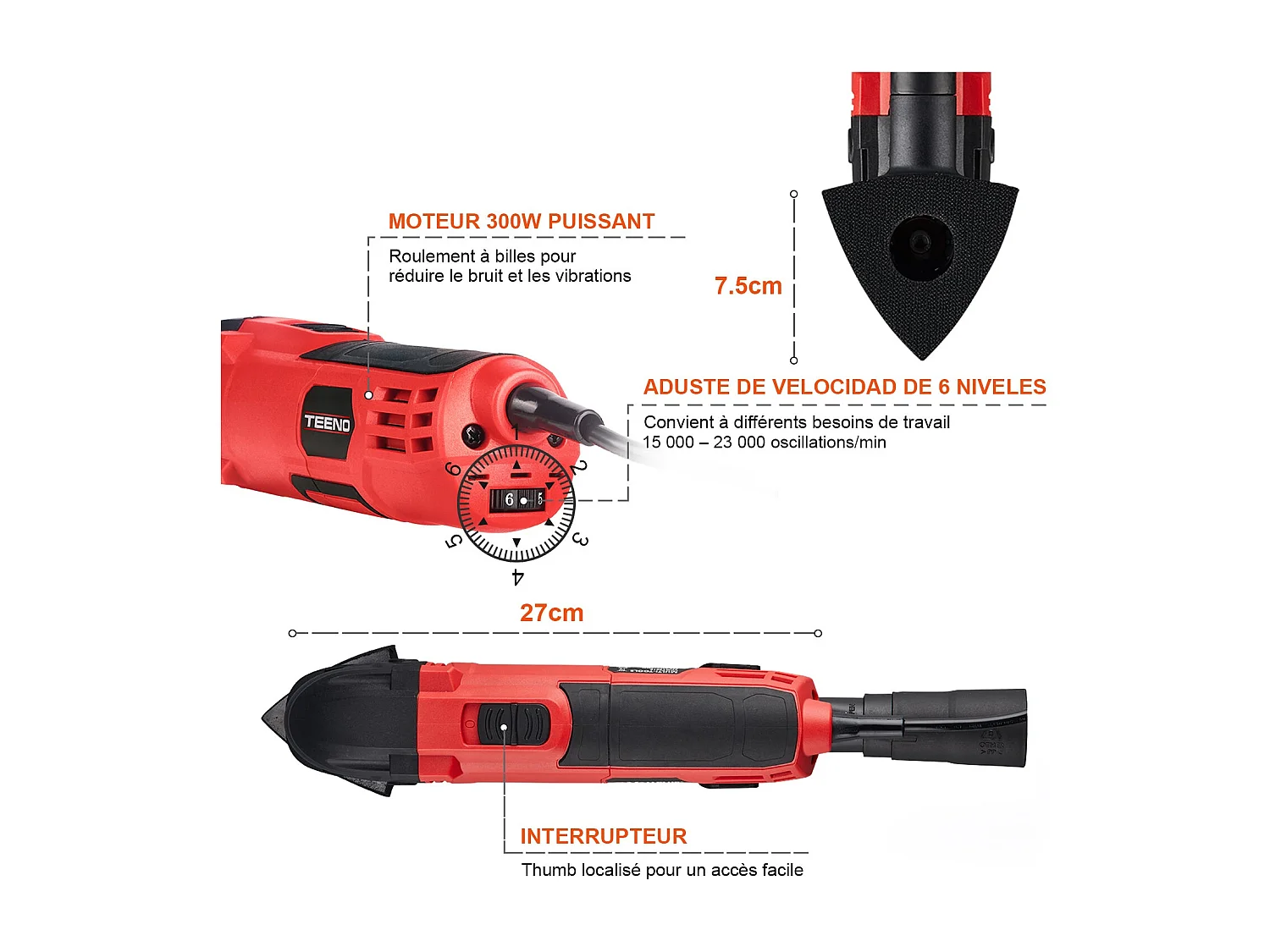 Outil multifonction oscillant filaire 300 W avec ensemble d'accessoires 11 pièces, rouge