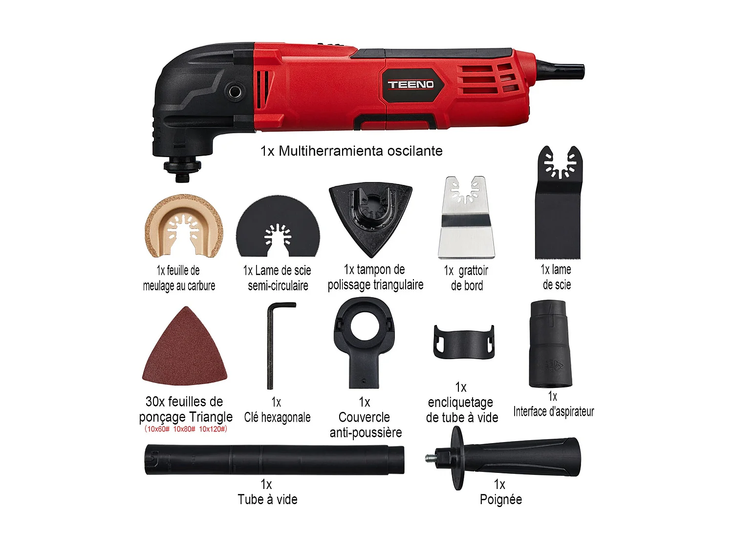 Outil multifonction oscillant filaire 300 W avec ensemble d'accessoires 11 pièces, rouge