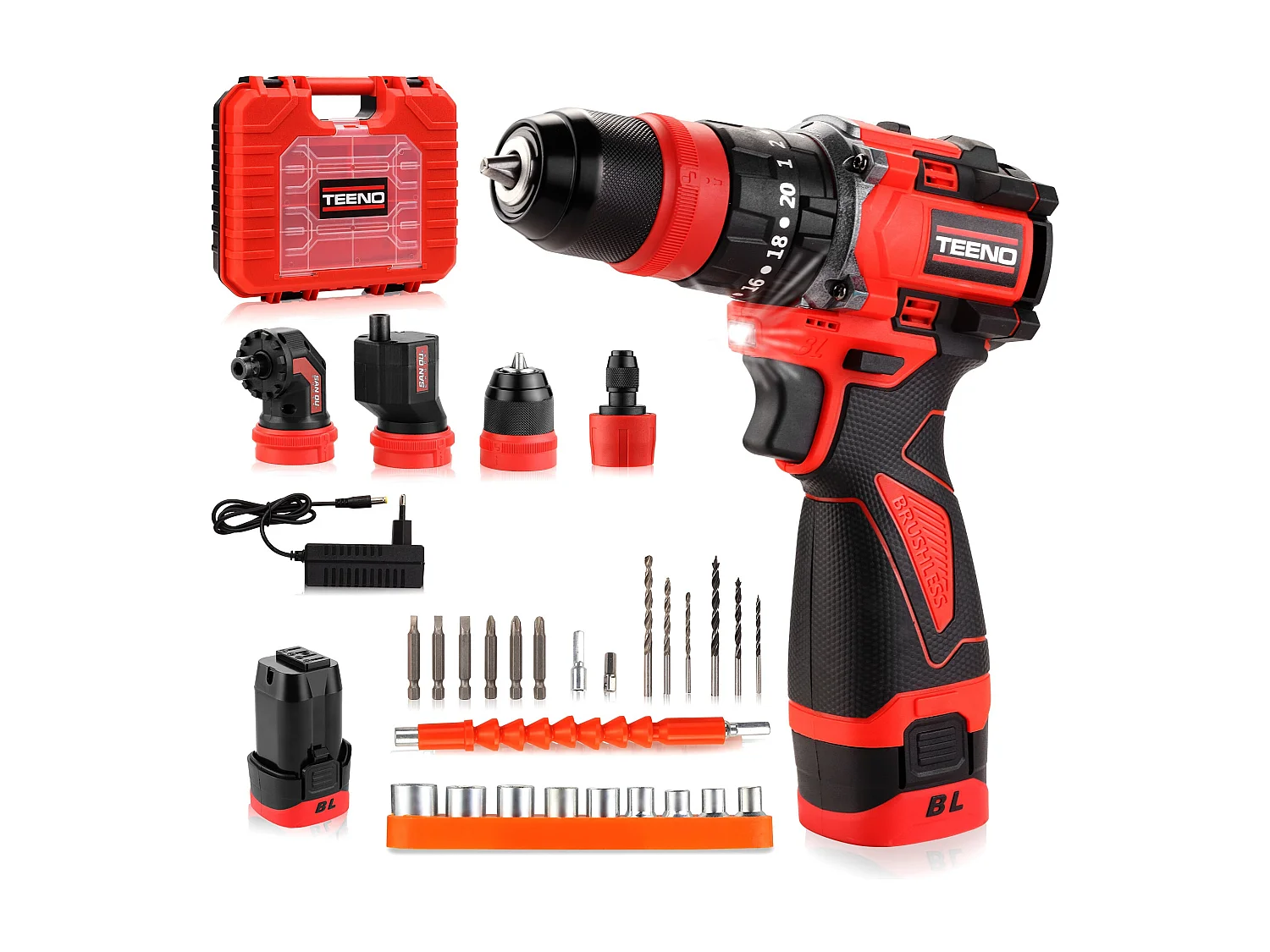 18 V accuboormachine/schroevendraaier, multifunctionele set met borstelloze motor, hoekadapter, 45 Nm