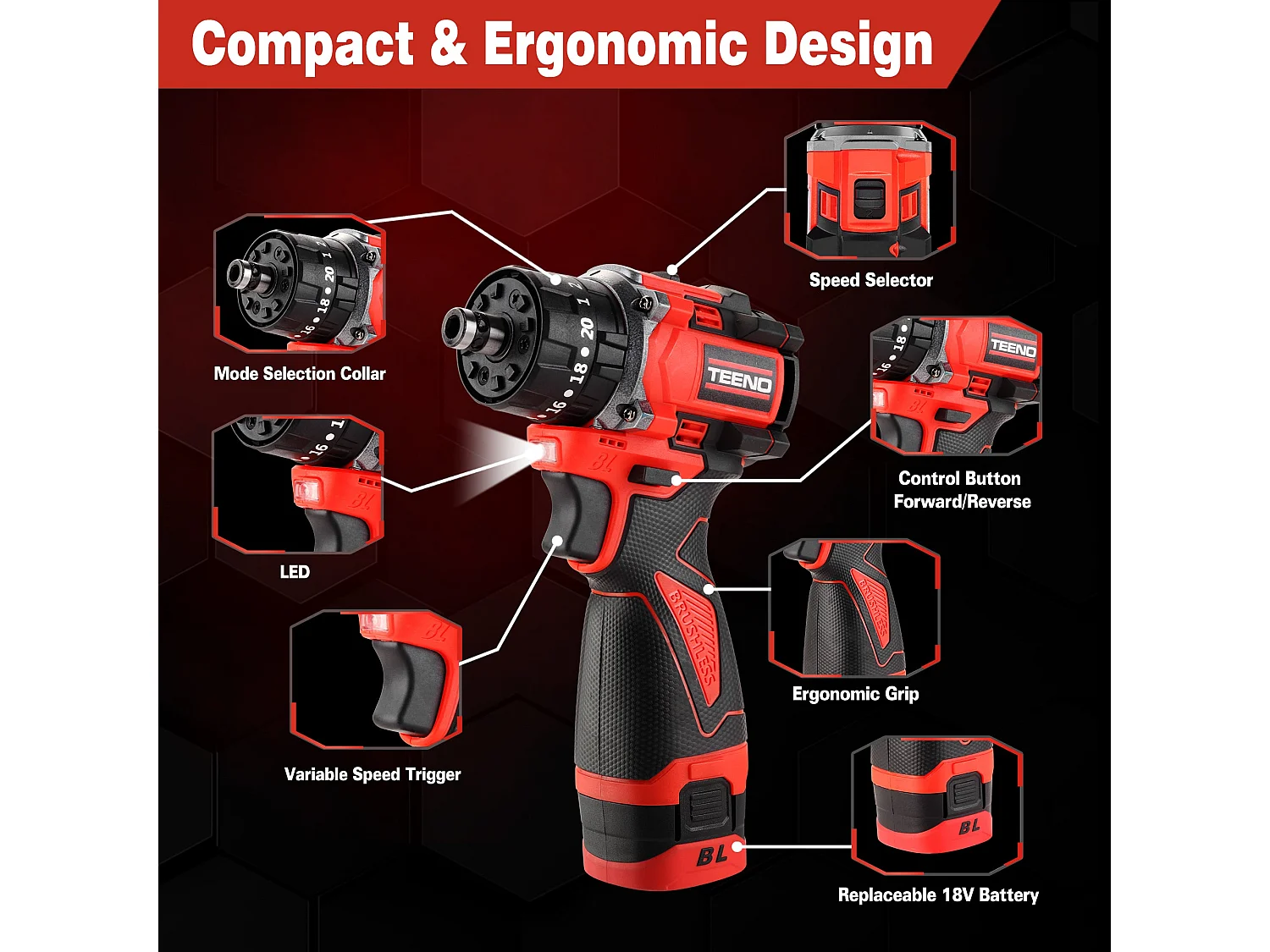 18 V accuboormachine/schroevendraaier, multifunctionele set met borstelloze motor, hoekadapter, 45 Nm