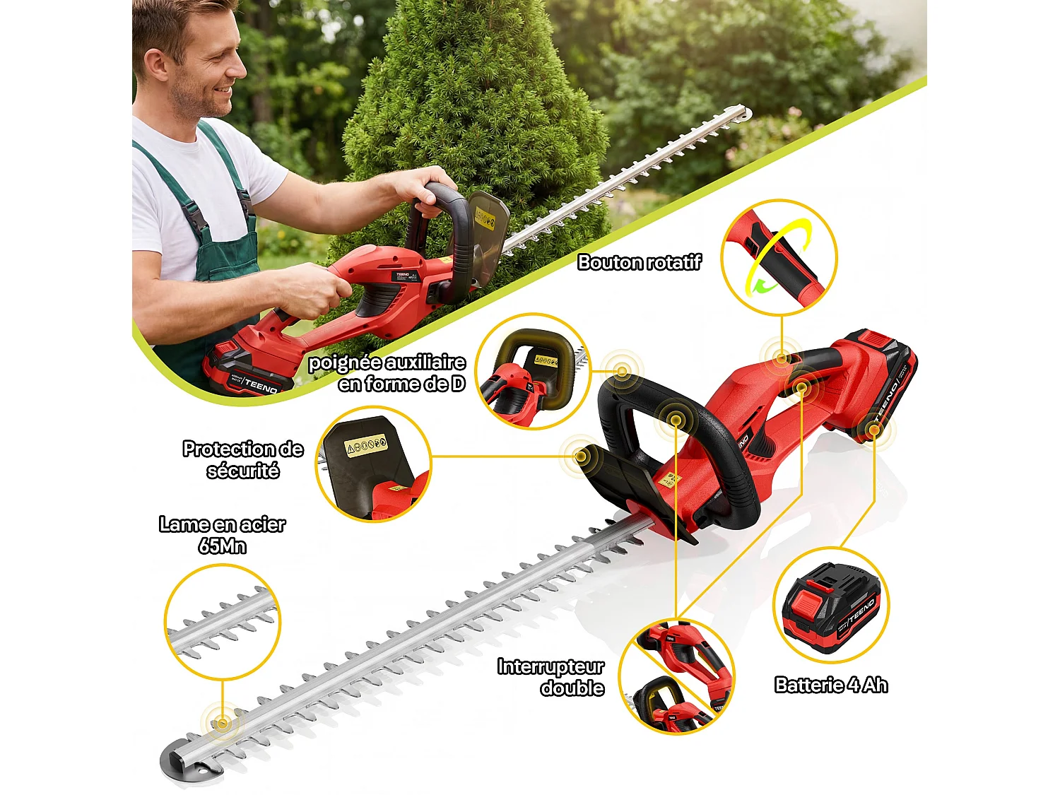 Taille-Haies sur Batterie 20V, 1 Batterie 4000mAh, Lame 52cm, Coupe 16mm, Idéal pour Jardin, Haies,
