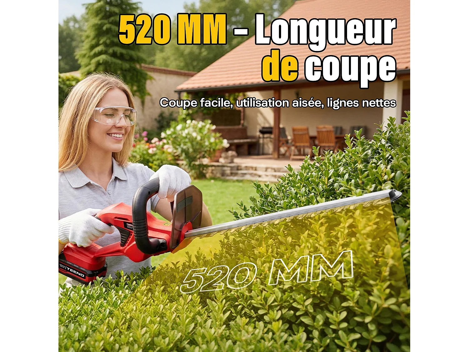 Taille-Haies sur Batterie 20V, 1 Batterie 4000mAh, Lame 52cm, Coupe 16mm, Idéal pour Jardin, Haies,