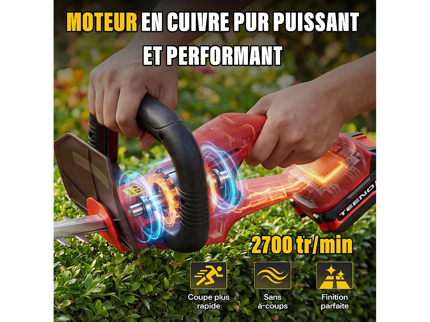 Taille-Haies sur Batterie 20V, 1 Batterie 4000mAh, Lame 52cm, Coupe 16mm, Idéal pour Jardin, Haies,