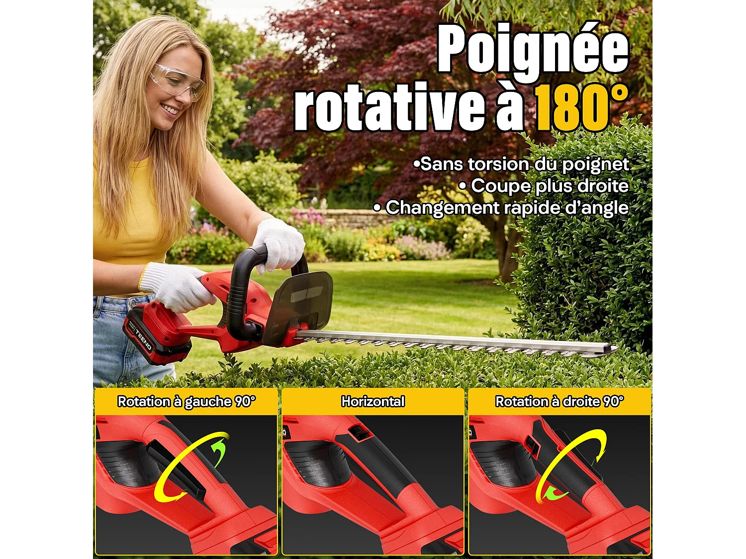 Taille-Haies sur Batterie 20V, 1 Batterie 4000mAh, Lame 52cm, Coupe 16mm, Idéal pour Jardin, Haies,