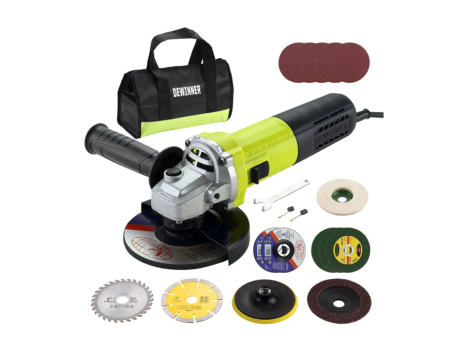 Haakse slijper 125mm 1000W 2000-12000 tpm Met 20 Accessoires, Haakse slijpers Met canvas draagtas,
