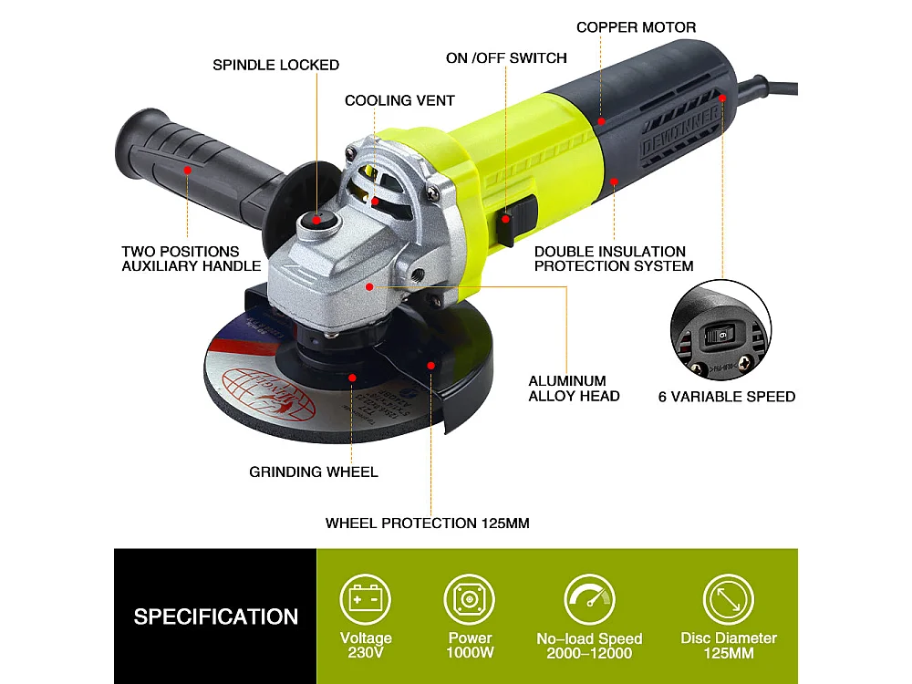 Haakse slijper 125mm 1000W 2000-12000 tpm Met 20 Accessoires, Haakse slijpers Met canvas draagtas,