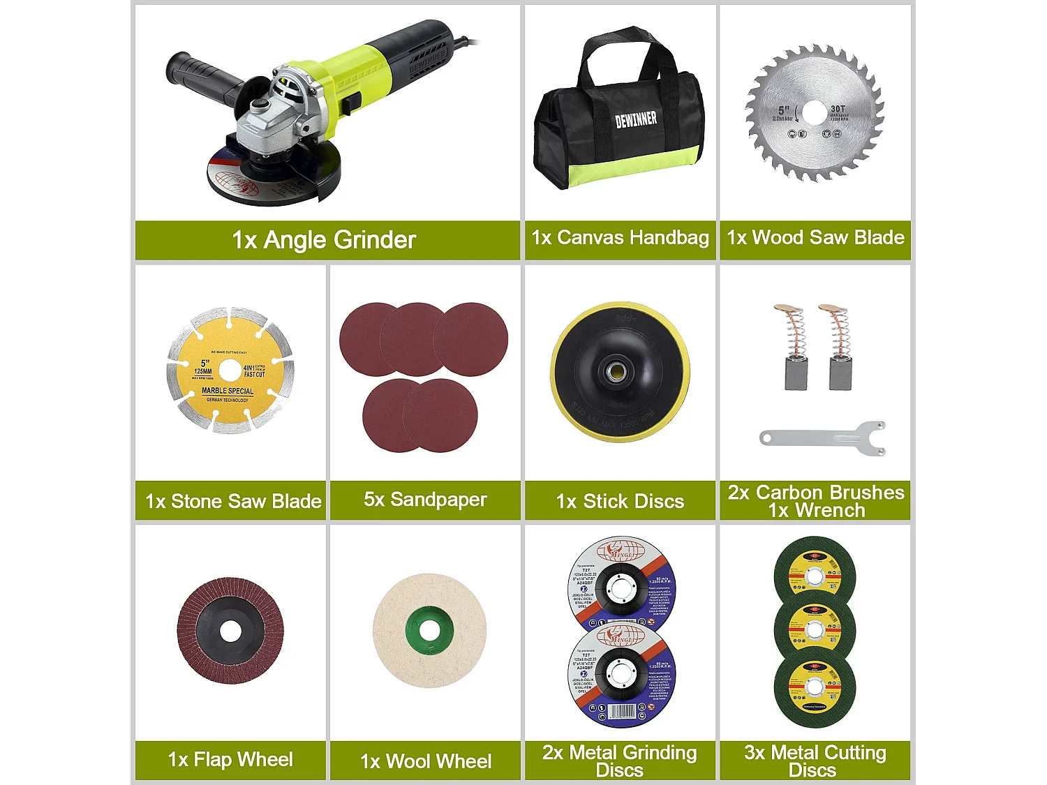 Haakse slijper 125mm 1000W 2000-12000 tpm Met 20 Accessoires, Haakse slijpers Met canvas draagtas,