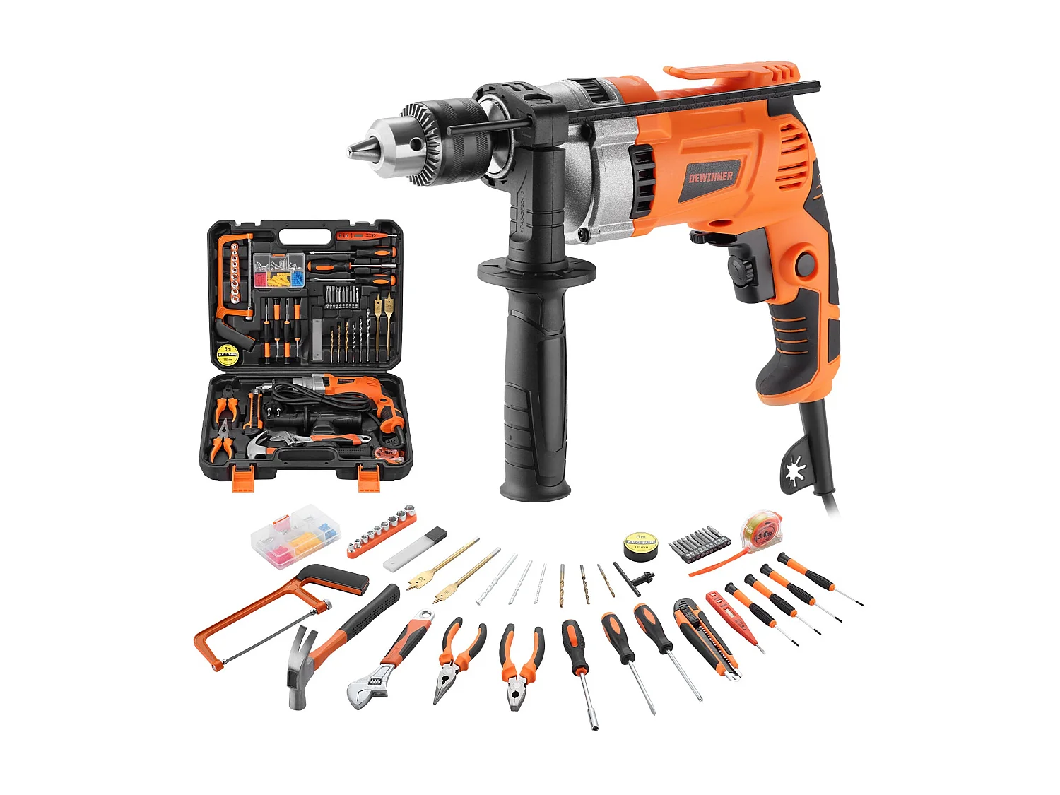 Perceuse à Percussion Filaire 910W 0-3000 tr/min, Perceuse électrique avec 115 Pièces Caisse à