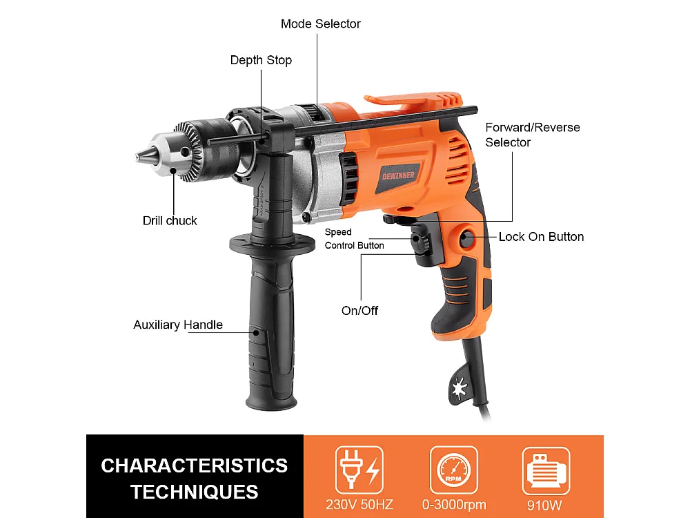 Perceuse à Percussion Filaire 910W 0-3000 tr/min, Perceuse électrique avec 115 Pièces Caisse à