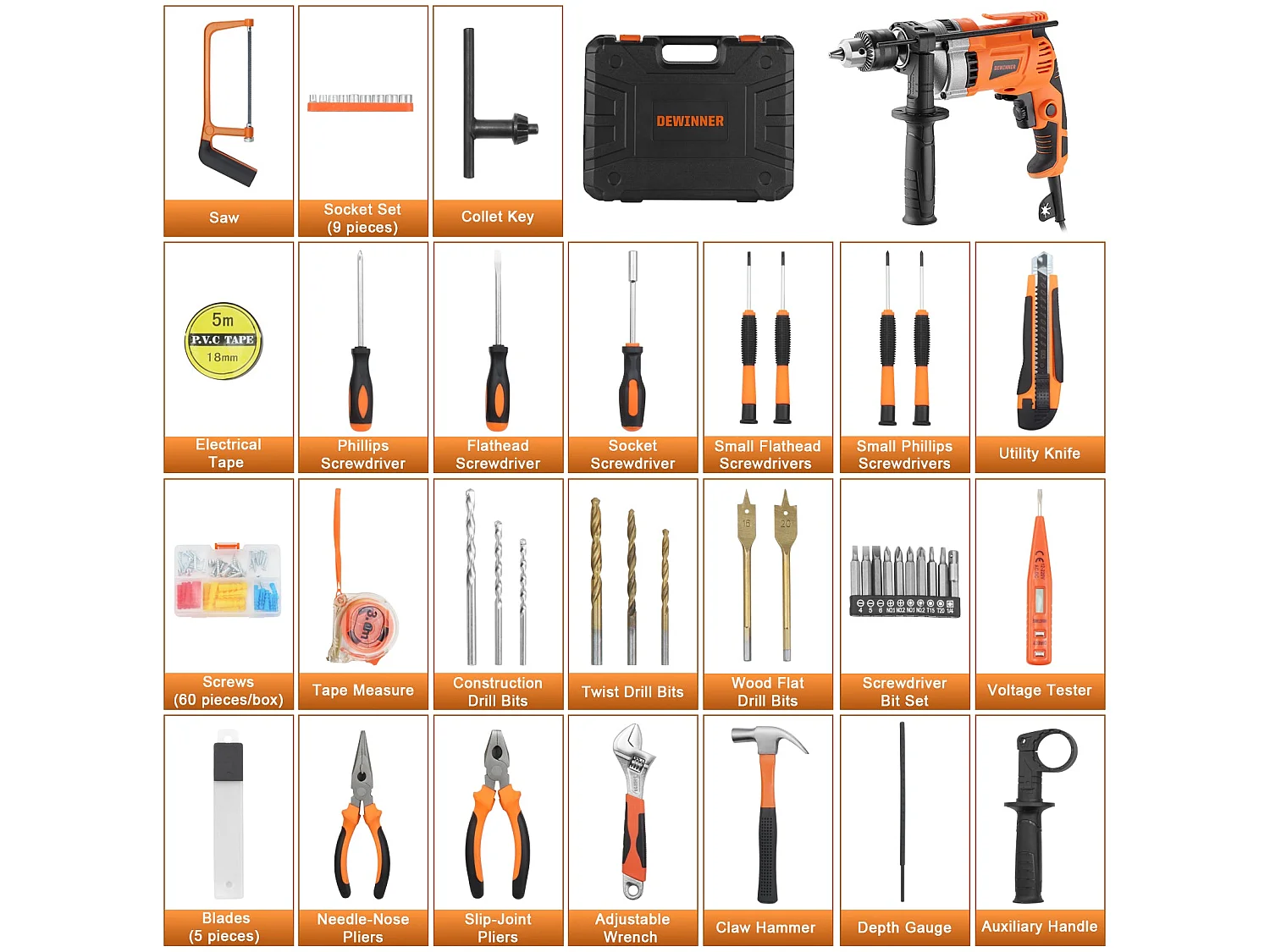 Perceuse à Percussion Filaire 910W 0-3000 tr/min, Perceuse électrique avec 115 Pièces Caisse à