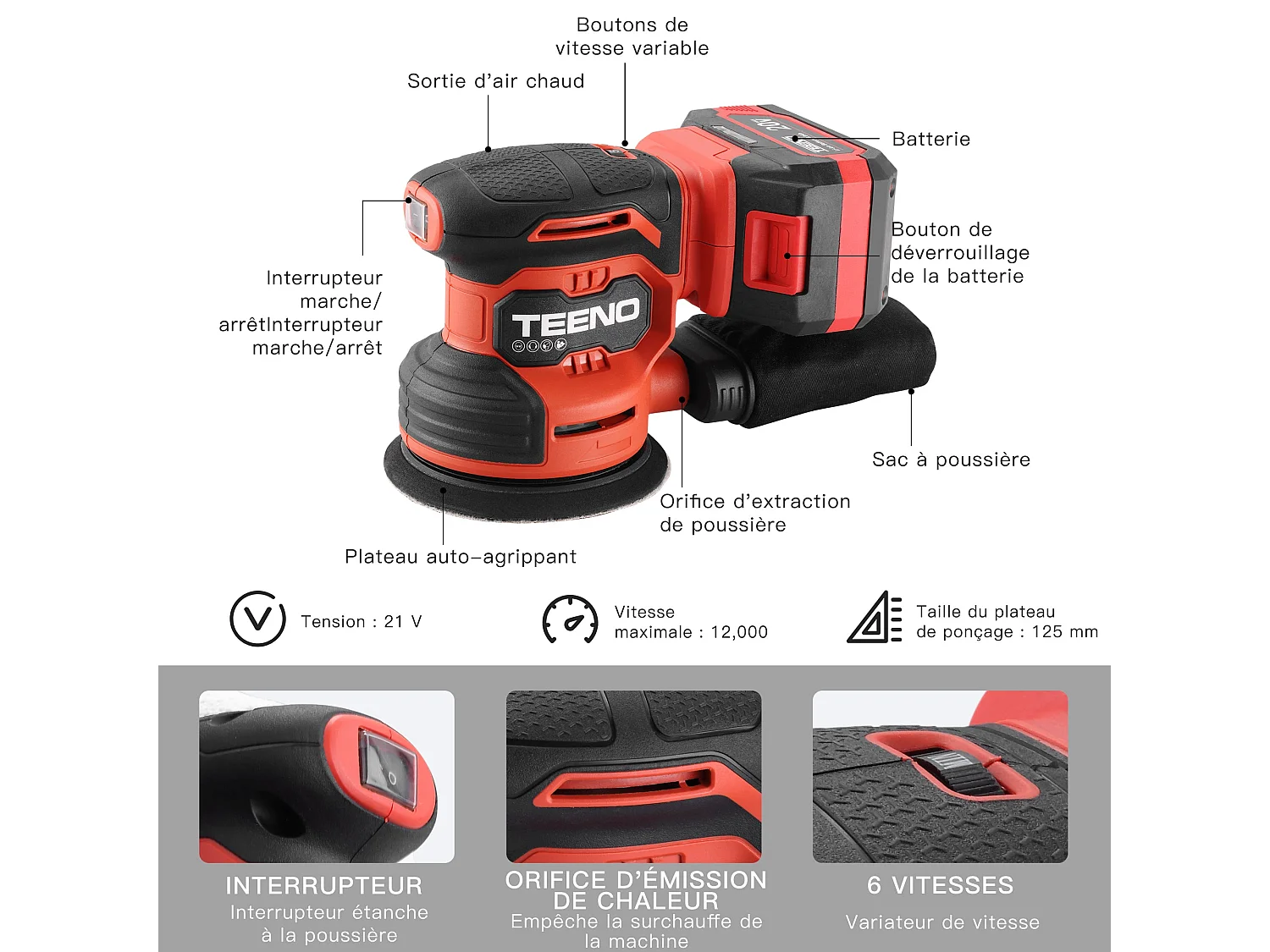 Ponceuse Orbitale Sans Fil 20V - Ponceuse Excentrique 125mm 6000-12000 tr/min, Kit Complet avec 25 Papiers de Verre, Batterie 4.0Ah et Système d'Aspiration